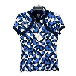 KASTEL DENMARK Short Sleeve 1/4 Zip Lightweight Geometric Top Blue White XS NWT